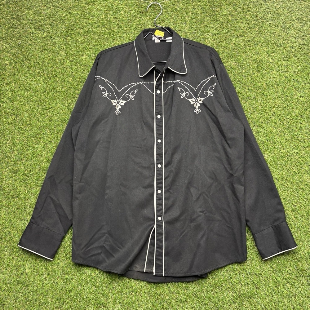 Gibson Western Shirt Mens Large Pearl Snap Black Embroidered Cowboy Long Sleeve